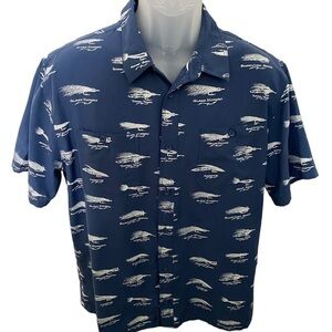 QUIKSILVER Waterman Blue Fish Mesh Short Sleeve Collared Shirt Men L Large